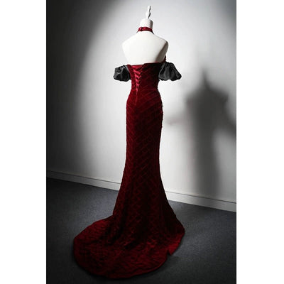 Burgundy Velvet Evening Dress with Pearl Chains - Off-the-Shoulder Dress with Sleeves - Red Evening Gown Plus Size - WonderlandByLilian
