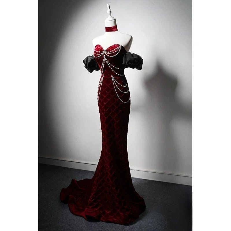 Burgundy Velvet Evening Dress with Pearl Chains - Off-the-Shoulder Dress with Sleeves - Red Evening Gown Plus Size Size 0 / Red Burgundy Velvet Evening Dress with Pearl Chains - Off-the-Shoulder Dress with Sleeves - Red Evening Gown Plus Size Size 0 / Red