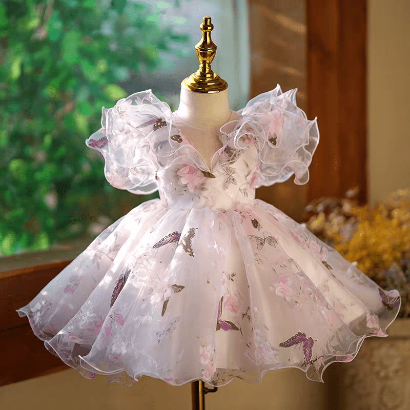 Butterfly Print Pink Flower Girl Dress for Wedding – Long Sleeve Tulle Plus Size - WonderlandByLilian