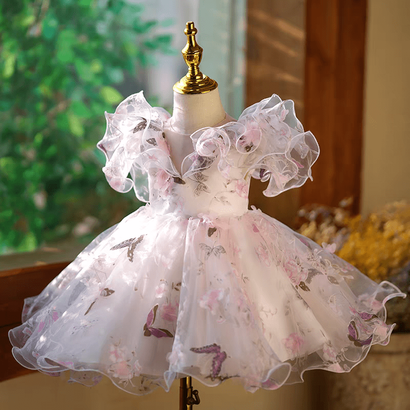 Butterfly Print Pink Flower Girl Dress for Wedding – Long Sleeve Tulle Plus Size - WonderlandByLilian