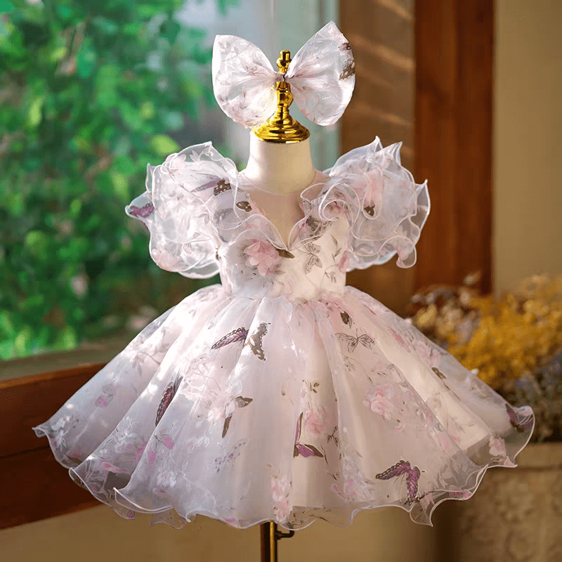 Butterfly Print Pink Flower Girl Dress for Wedding – Long Sleeve Tulle Plus Size - WonderlandByLilian