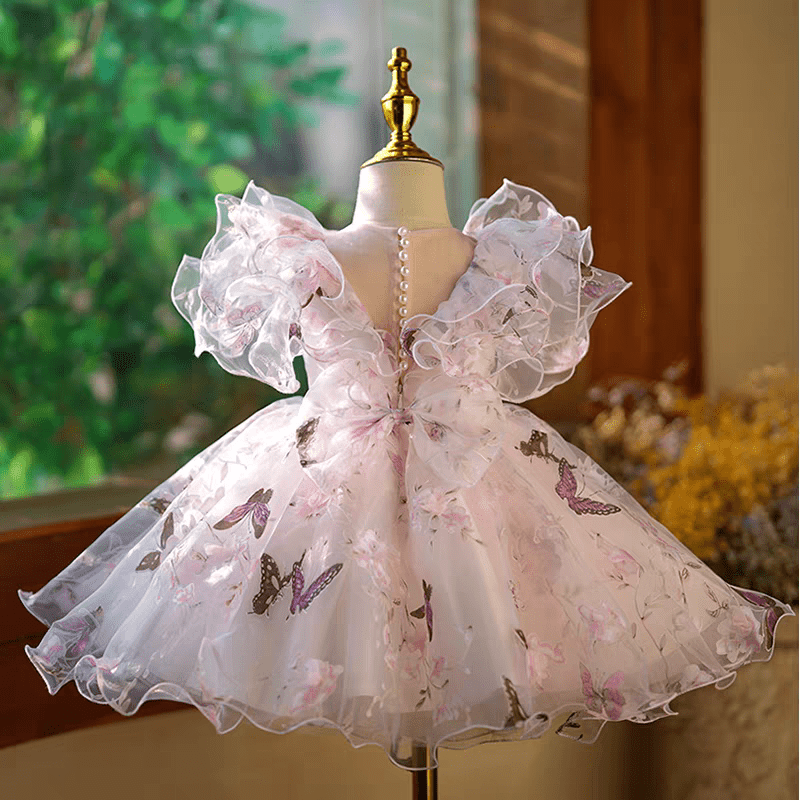 Butterfly Print Pink Flower Girl Dress for Wedding – Long Sleeve Tulle Plus Size - WonderlandByLilian