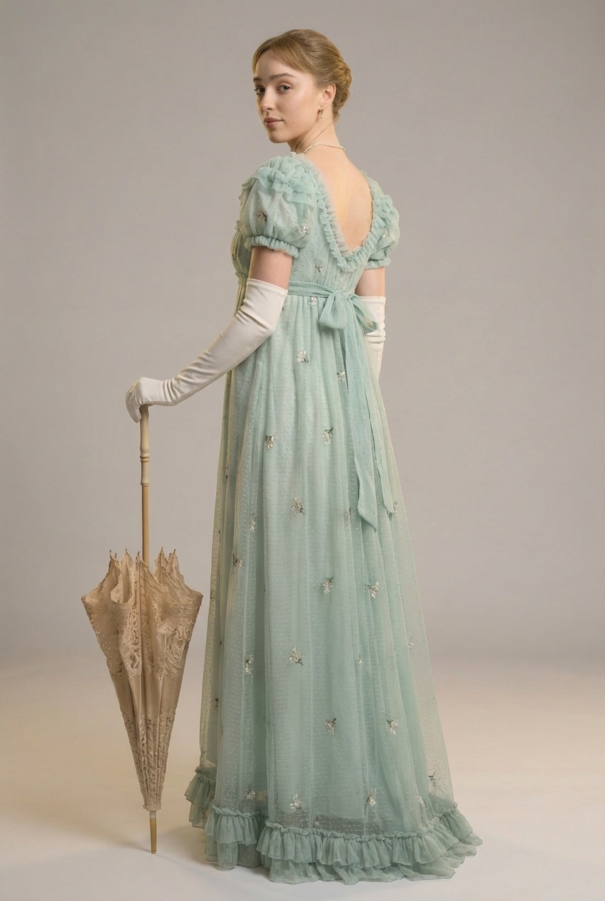 Romantic Mint Green Regency Era Embroidered Dress With Ruffle - Empire Waist Dress Plus Size Romantic Mint Green Regency Era Embroidered Dress With Ruffle - Empire Waist Dress Plus Size