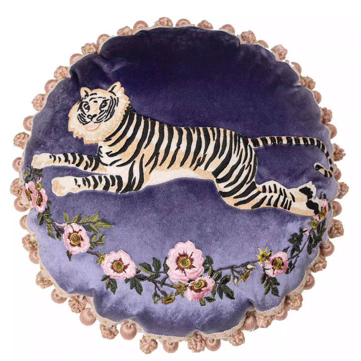 “The Velvet Sprint” – Embroidered Tiger Round Velvet Cushion with Tassel Trim