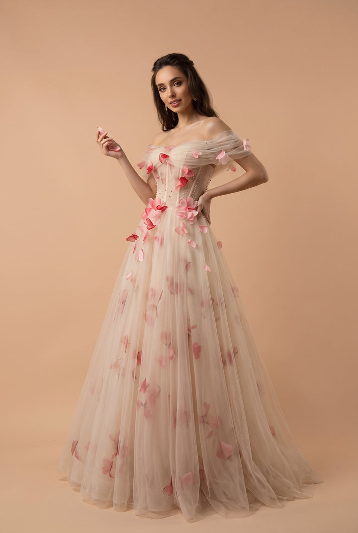 Champagne Glitter Tulle Party Dress with Floral Embellishments - Elegant Corset Back Evening Gown Plus Size