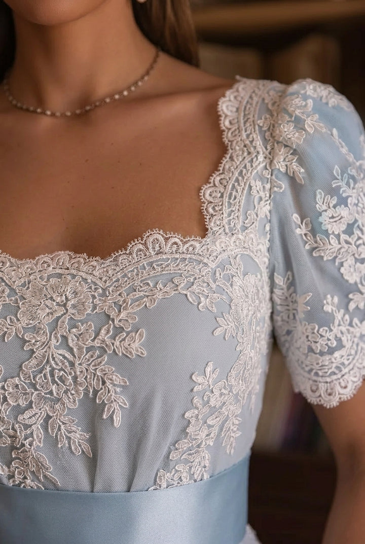 Bridgerton Daphne Empire Waist Blue Dress With Lace- Regency Era Ball Gown Plus Size