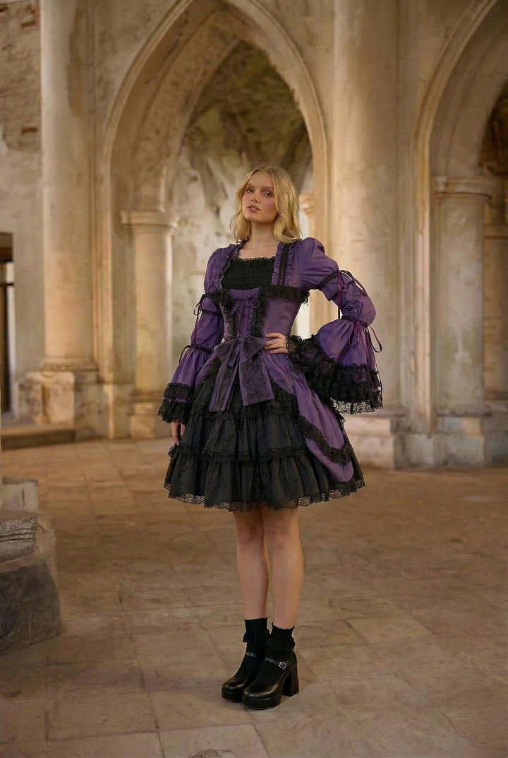 Gothic Lolita Dress – Victorian-Inspired Purple and Black Short Party Dress