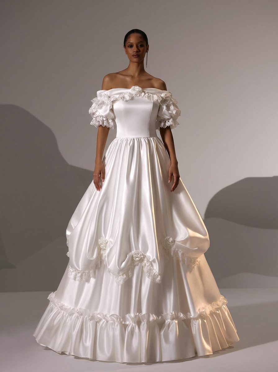 Vintage Off the Shoulder Wedding Dress with Rosettes – Satin Wedding Dress with Lace Ruffles Plus Size