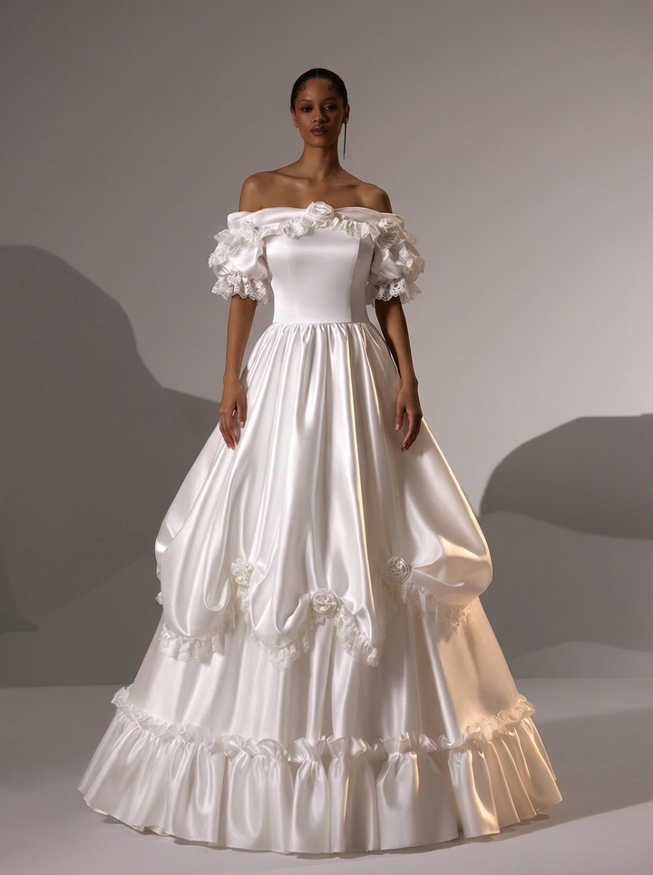 Vintage Off the Shoulder Wedding Dress with Rosettes – Satin Wedding Dress with Lace Ruffles Plus Size