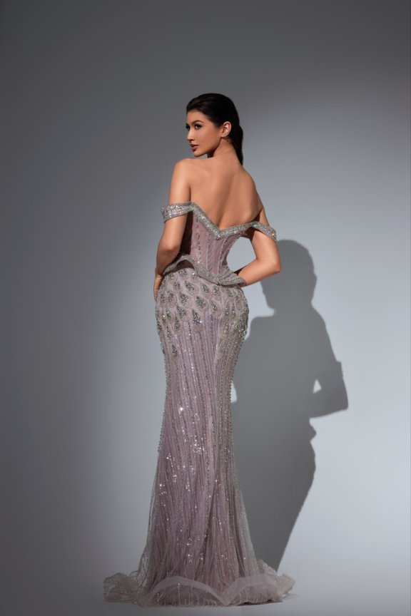 Champagne Embellished Gown with Pearl Corset Bodice – Sequins Evening Gown with Slit Plus Size