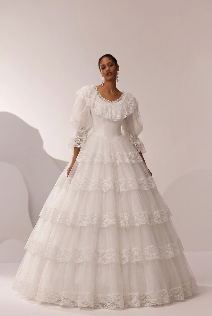Lace Wedding Dress with Long Sleeves and Corset – Ruffle Layered Wedding Dress with Puff Sleeves Plus Size