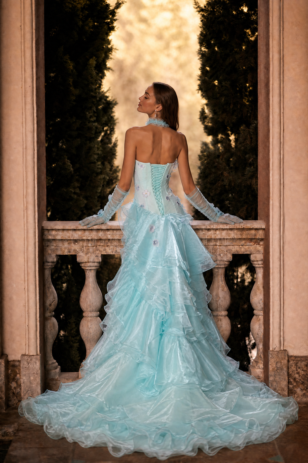 Blue Tulle Evening Dress with Floral Appliqué and Layered Ruffle Ball Gown Plus Size