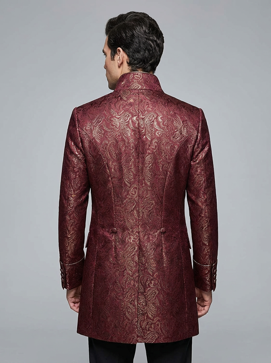 Regency Era Burgundy Jacquard Satin Tailored Jacket – Bridgerton Inspired High Collar Formal Regency Coat Made to Order Plus Size