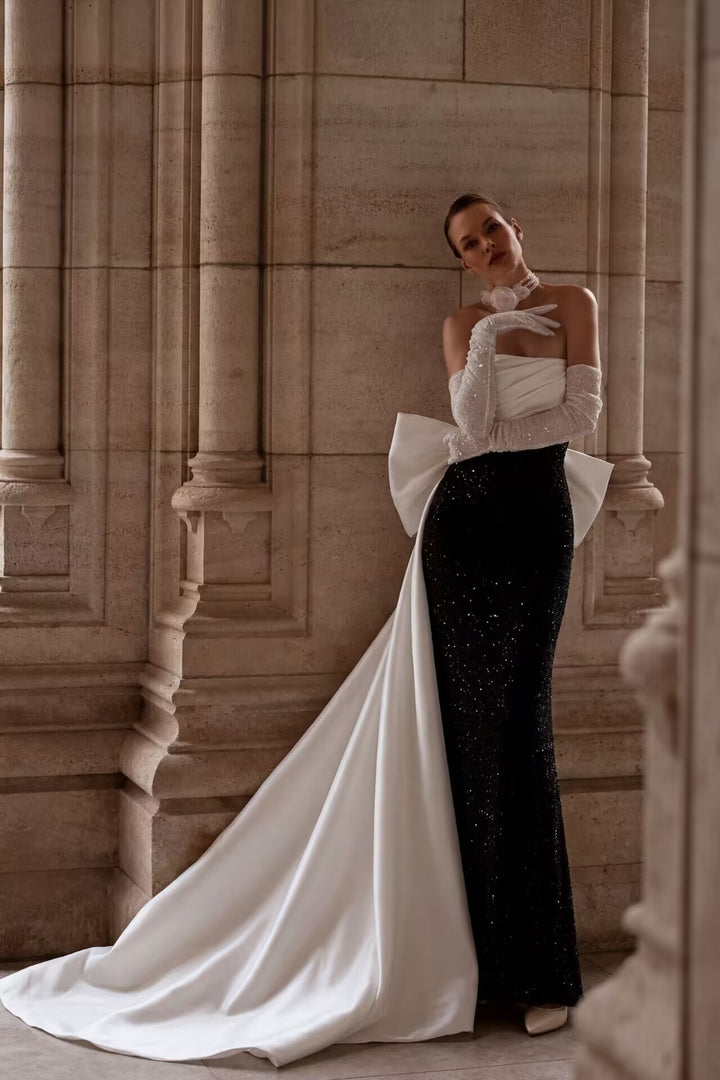 White And Black Simple Gothic Off Shoulder Formal Dress With Train With Bow Tie Plus Size