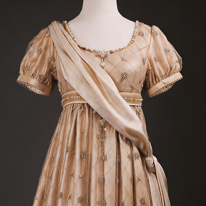 Regency Era Champagne Empire Waist Dress with Gold Beaded Embroidery and Puff Sleeves – Bridgerton Inspired Vintage Gown Plus Size