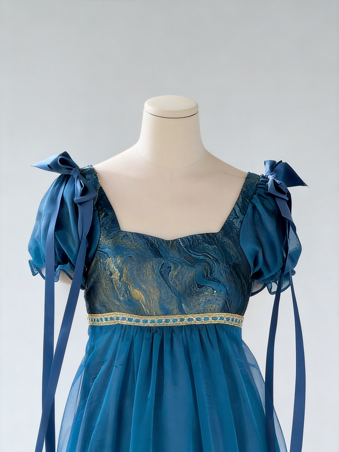 Regency Era Teal Empire Waist Chiffon Dress with Lace Bodice and Puff Sleeves – Bridgerton Inspired Vintage Gown Plus Size