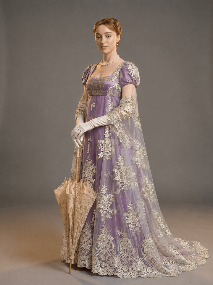 Bridgerton Daphne Inspired Regency Empire Waist Purple Embroidered Dress with Puff Sleeve Plus Size