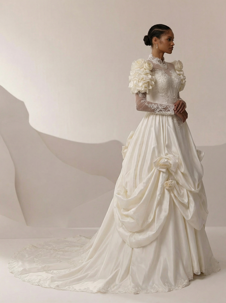 Antique White Modest Wedding Dress With Floral Satin - Vintage Wedding Dress