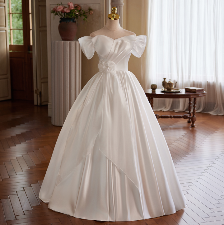 White Off the Shoulder Wedding Dress with Puff Sleeves – Simple Satin Wedding Dress with Floral Detail Plus Size