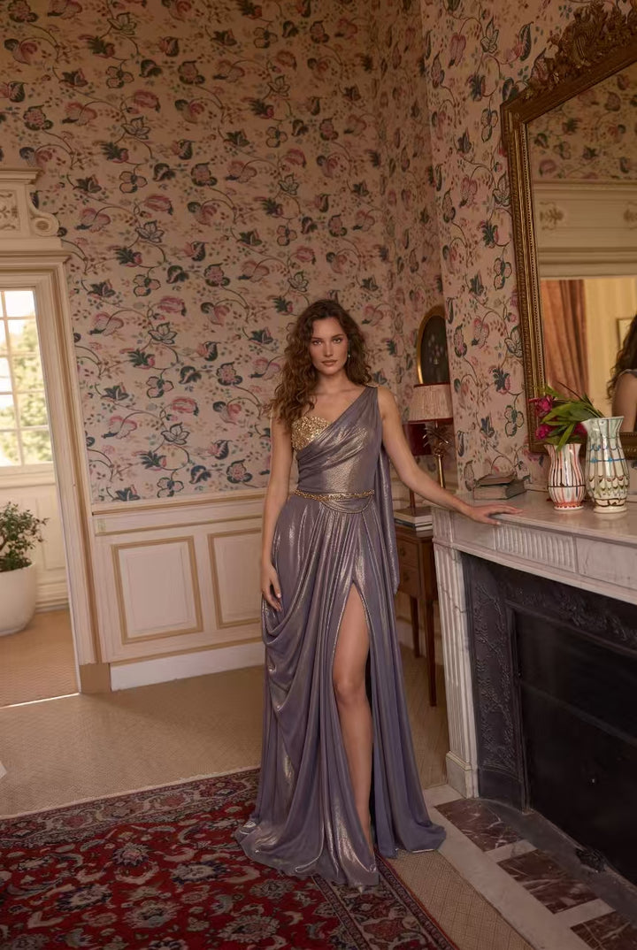 Purple Elf Fantasy Dress - Golden Rome Greek Goddess - Fairy Evening Dress - Plus Size