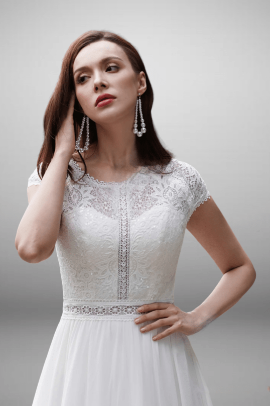 Cap Sleeves Chiffon Bohemian Lace Embroidery Light Ivory Scoop Neckline Cap Sleeves A- Line Wedding Dress - WonderlandByLilian