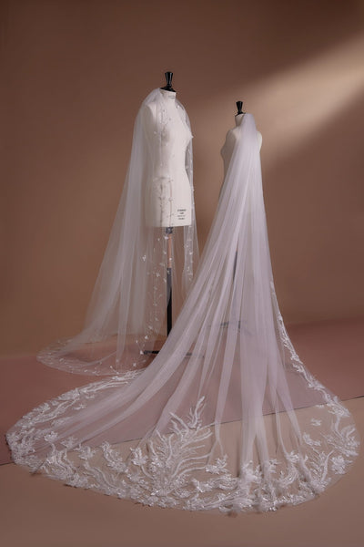 Cathedral Length Veil with Lace Trim and Embroidery - WonderlandByLilian