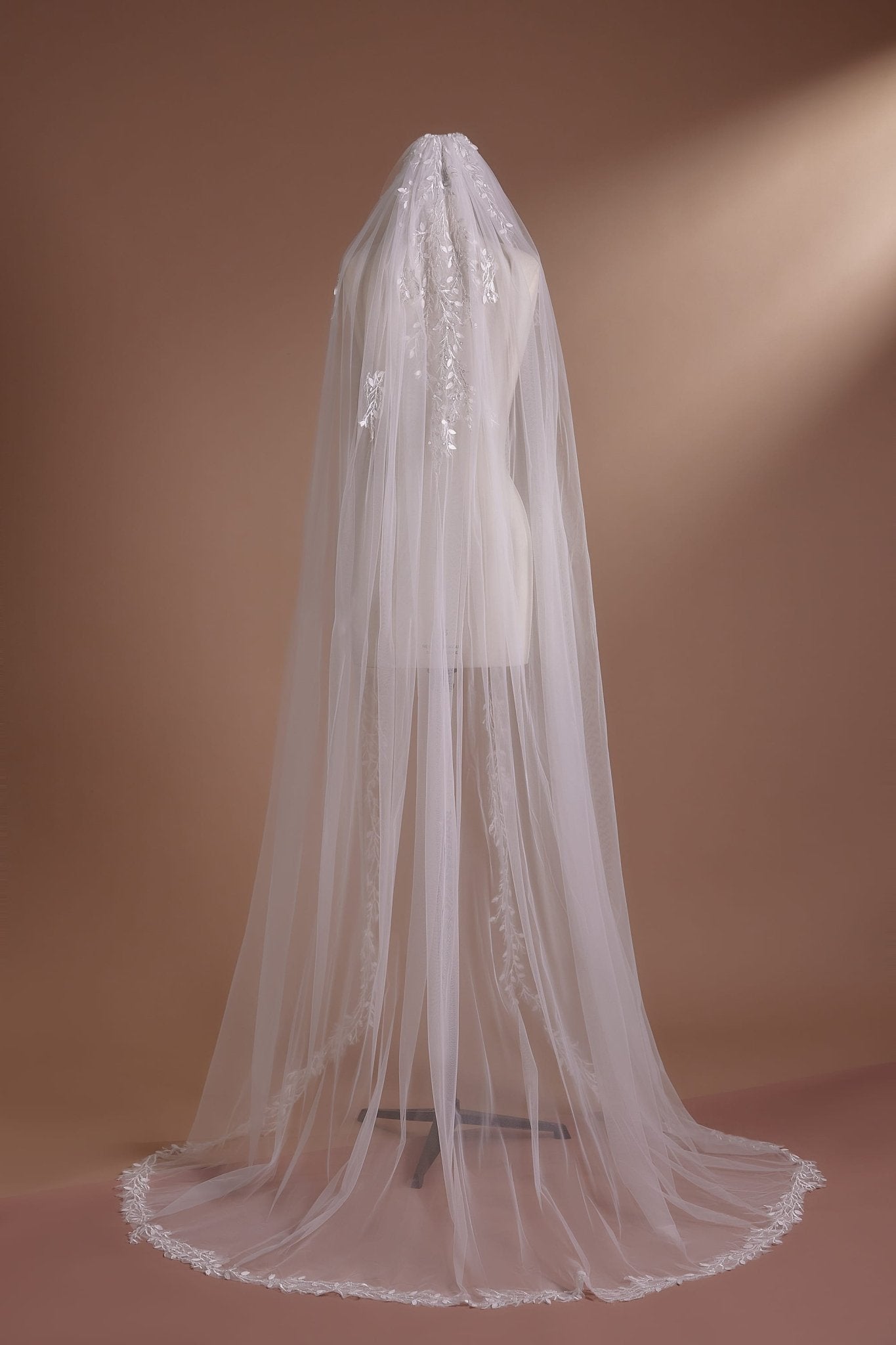 Cathedral Length Veil with Lace Trim and Floral Embroidery - WonderlandByLilian