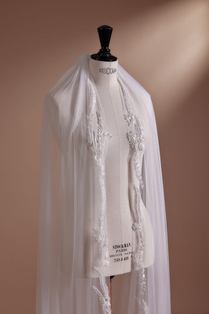 Cathedral Mantilla Veil with Lace and Embroidery - WonderlandByLilian