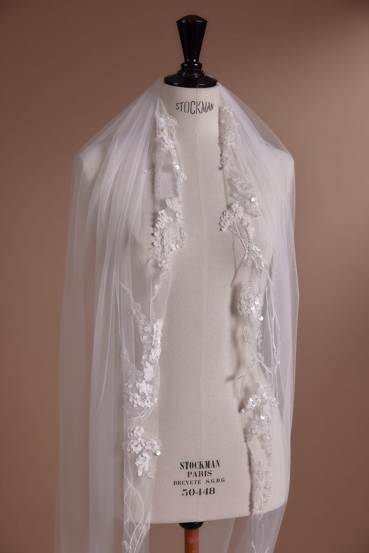 Cathedral Veil with Lace Detailing and Pearl Embellishments - WonderlandByLilian