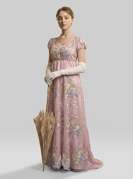 Pink Regency Era Embroidered Dress - Empire Waist Dress with Tulle Plu   WonderlandByLilian