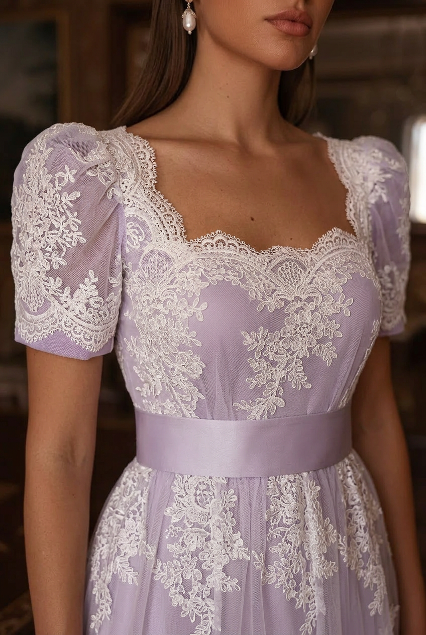 Bridgerton Lavender Regency Dress With Lace- Regency Era Purple Ball Gown Plus Size