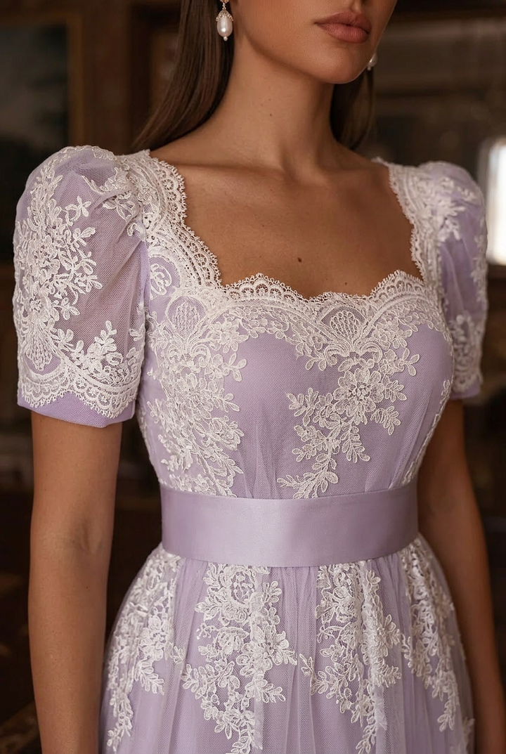 Bridgerton Lavender Regency Dress With Lace- Regency Era Purple Ball Gown Plus Size