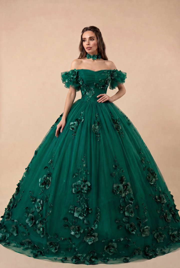 Gothic Emerald Green Ball Gown with Floral Accents - Off Shoulder Wedding Dress Plus Size
