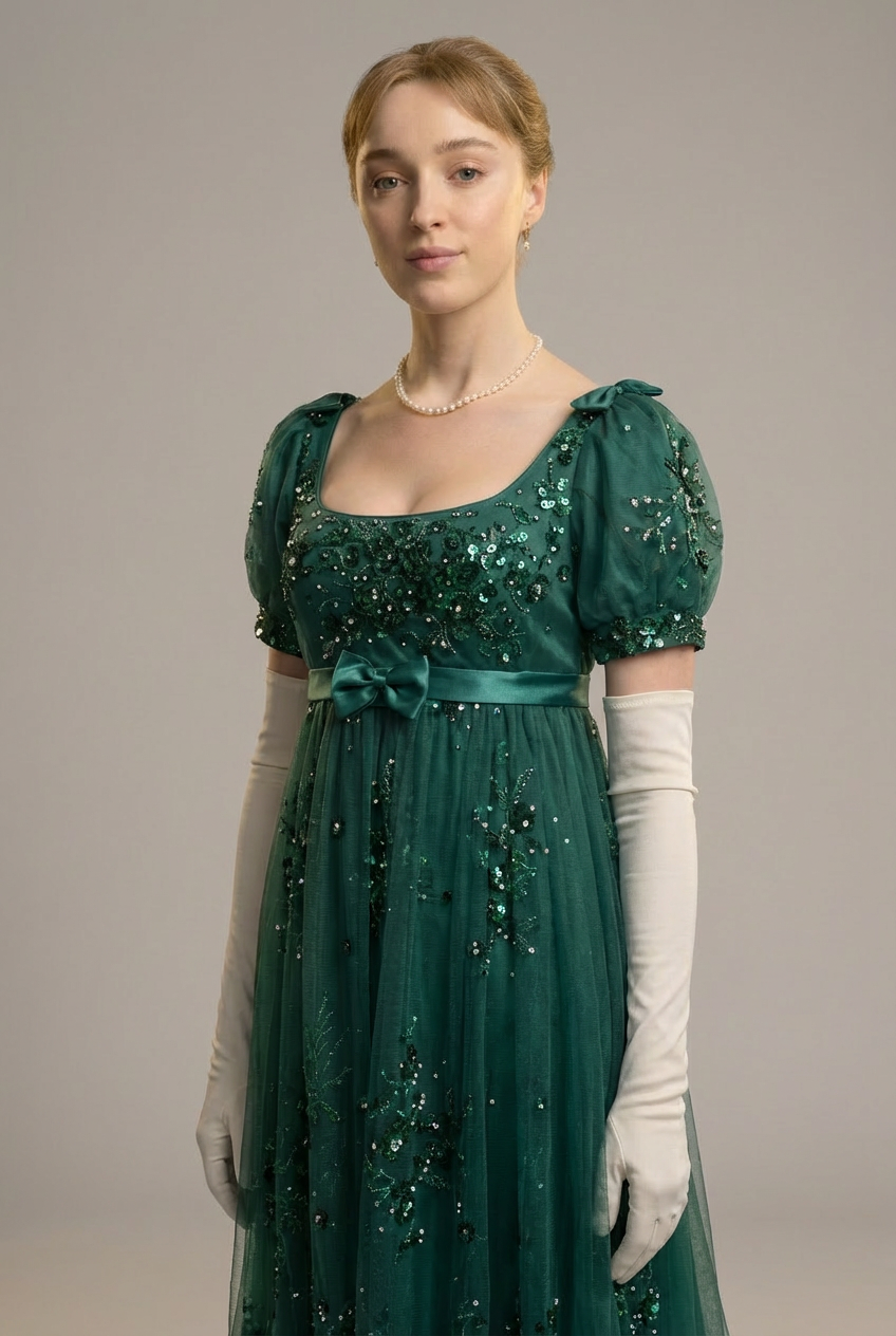 Gothic Emerald Regency Era Embroidered Dress with Bow - Empire Waist Tulle Gown Plus Size