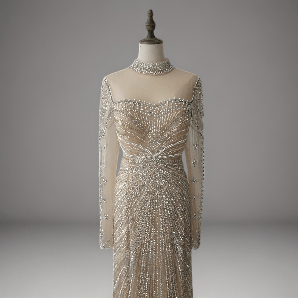 Champagne Beaded Long Sleeve Bridal Gown - Elegant Tulle Wedding Dress Plus Size Size 16W / Champagne Champagne Beaded Long Sleeve Bridal Gown - Elegant Tulle Wedding Dress Plus Size Size 16W / Champagne