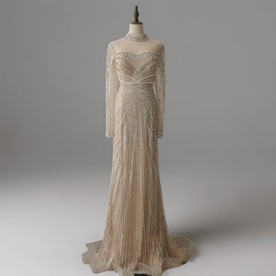 Champagne Beaded Long Sleeve Bridal Gown - Elegant Tulle Wedding Dress Plus Size - WonderlandByLilian