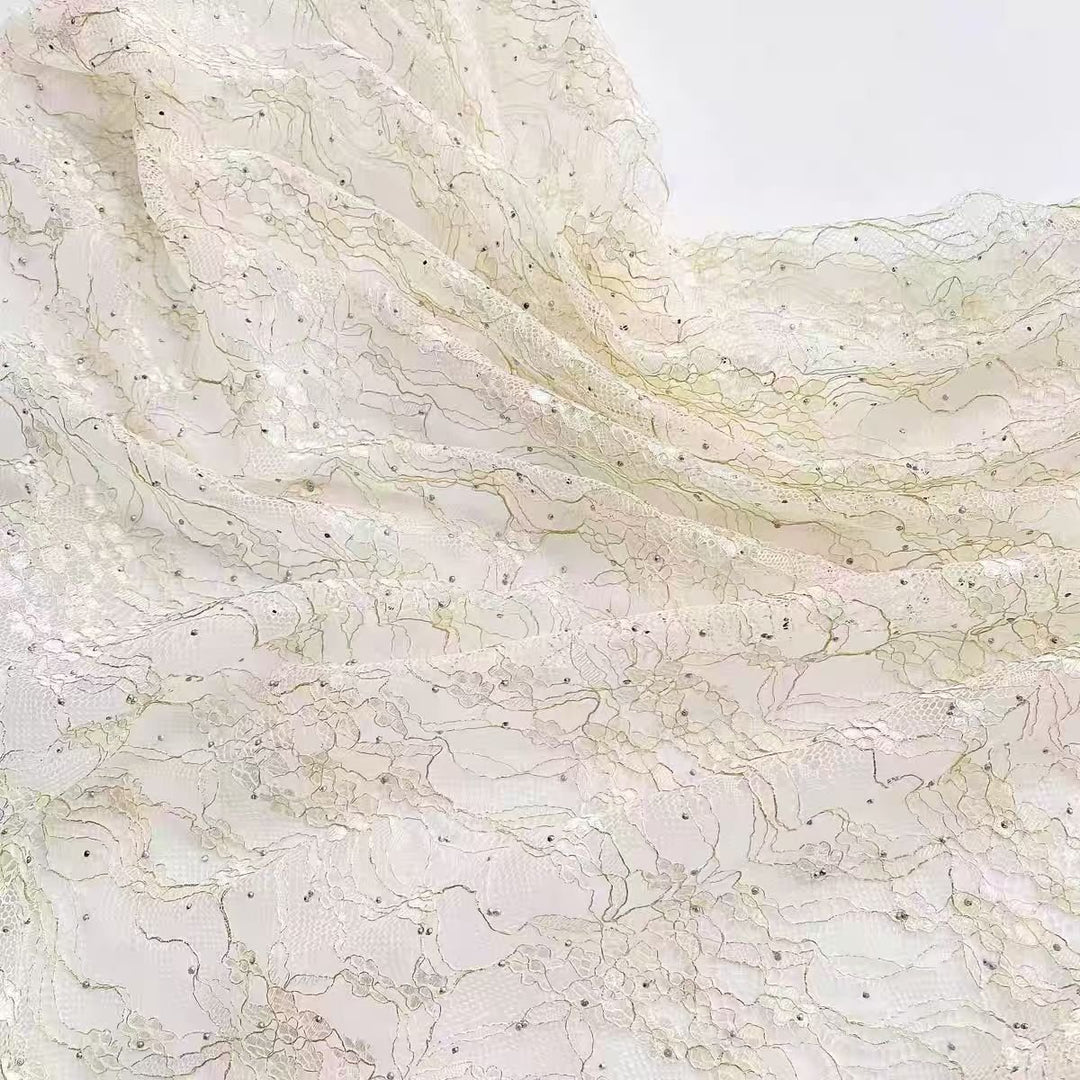 Champagne Colored Soft Stretch Lace Fabric with Rhinestones for Wedding Dresses and Skirts - WonderlandByLilian