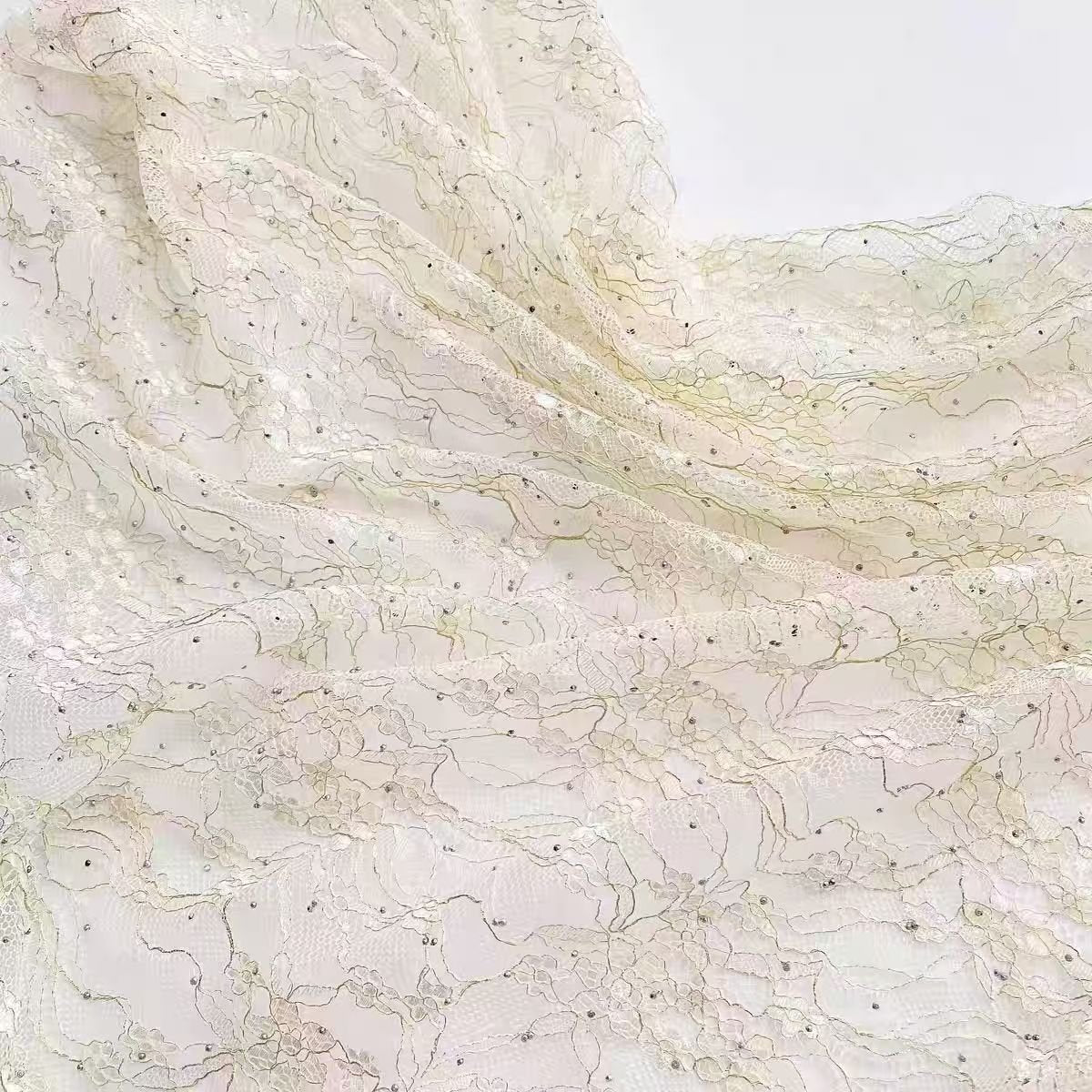 Champagne Colored Soft Stretch Lace Fabric with Rhinestones for Wedding Dresses and Skirts - WonderlandByLilian