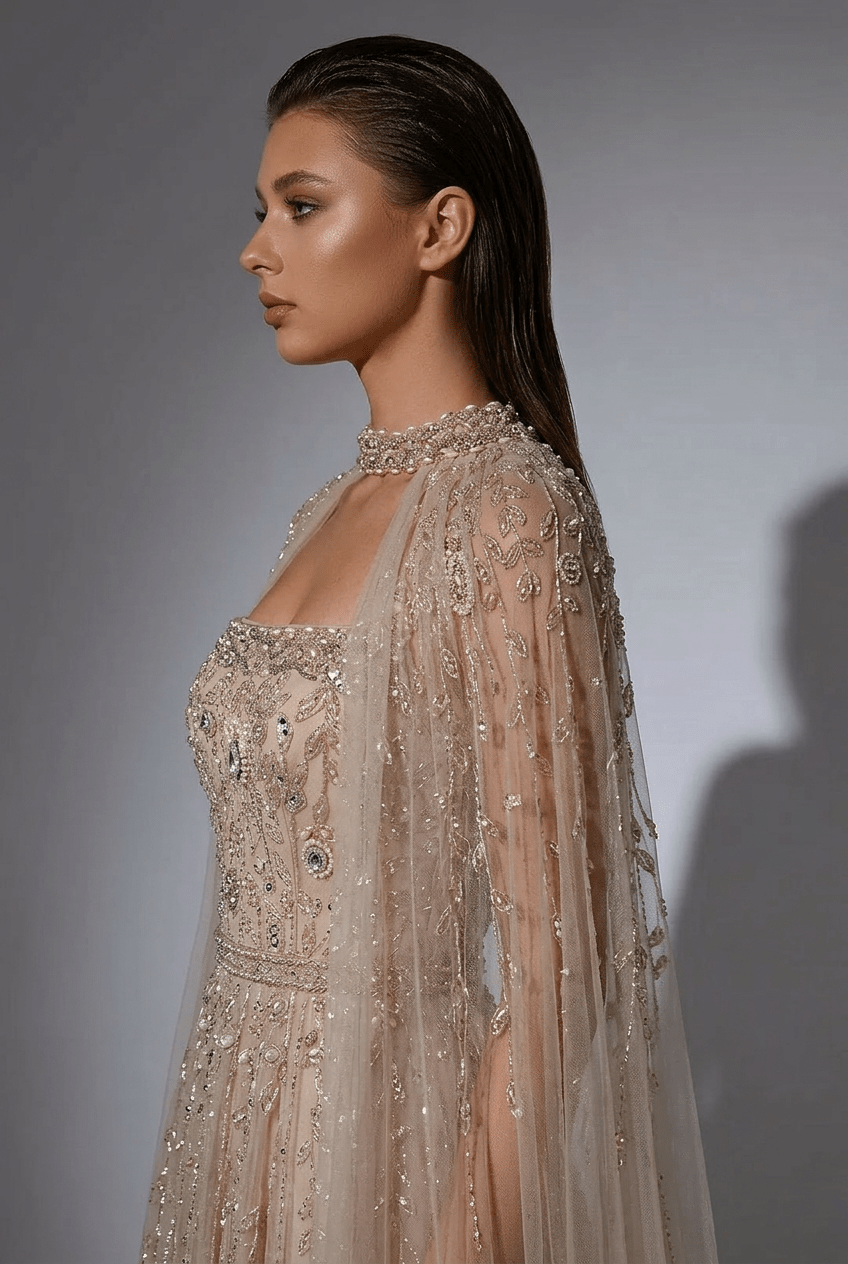 Champagne Convertible Embellished Gown with Cape – Sequin Maxi Dress with Square Neckline Plus Size - WonderlandByLilian