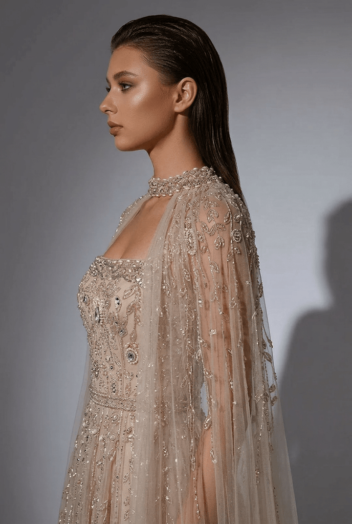 Champagne Convertible Embellished Gown with Cape – Sequin Maxi Dress with Square Neckline Plus Size - WonderlandByLilian
