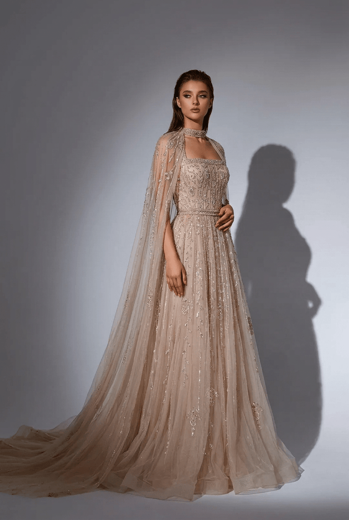 Champagne Convertible Embellished Gown with Cape – Sequin Maxi Dress with Square Neckline Plus Size - WonderlandByLilian
