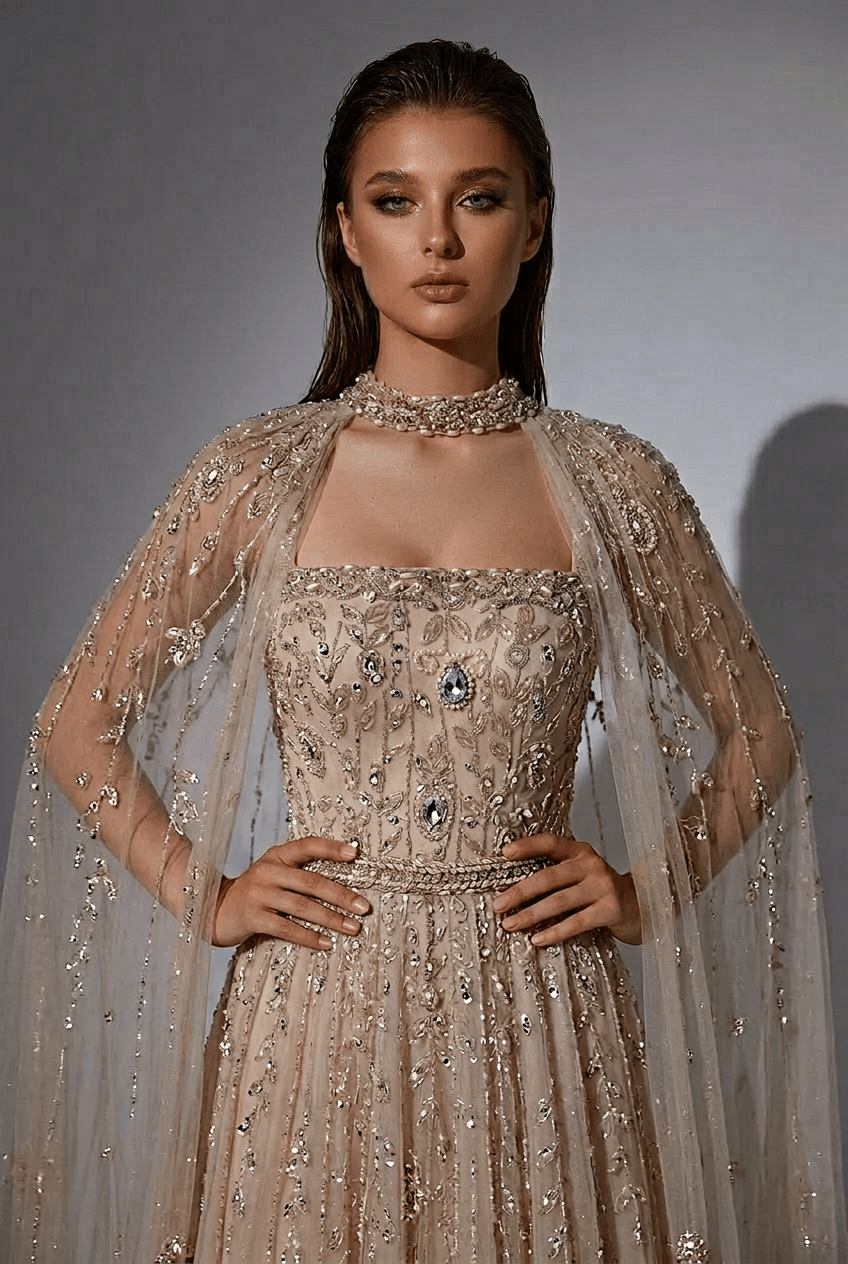 Champagne Convertible Embellished Gown with Cape – Sequin Maxi Dress with Square Neckline Plus Size - WonderlandByLilian