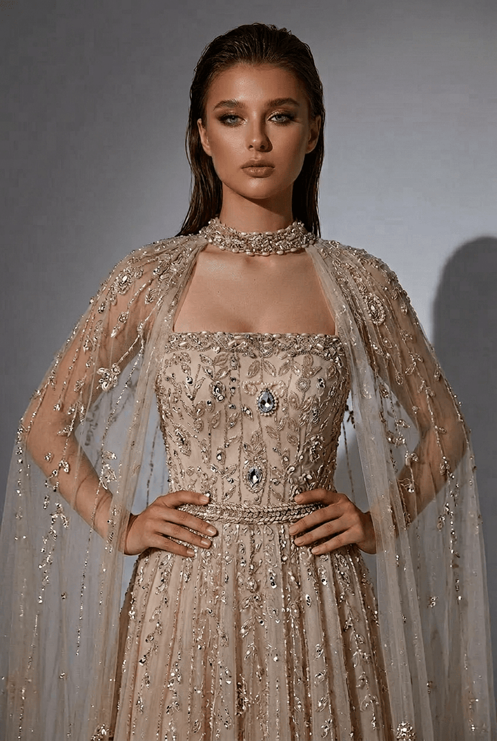 Champagne Convertible Embellished Gown with Cape – Sequin Maxi Dress with Square Neckline Plus Size - WonderlandByLilian