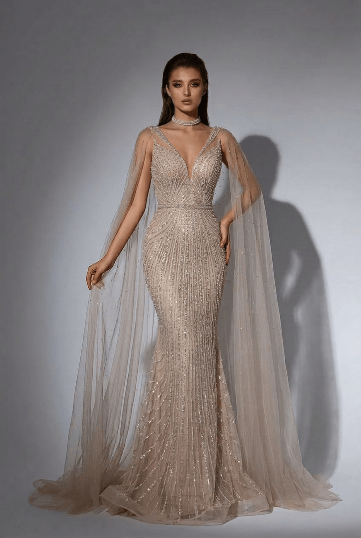 Champagne Designer Sequin Gown with Beaded Cape – Champagne Dress for Wedding Guest or Formal Gala Plus Size Size 18W / Champagne / No Choker