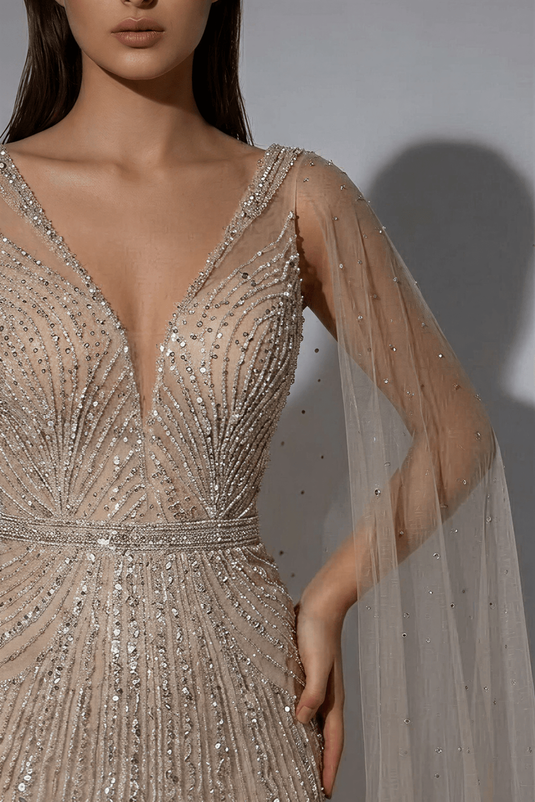 Champagne Designer Sequin Gown with Beaded Cape – Champagne Dress for Wedding Guest or Formal Gala Plus Size - WonderlandByLilian
