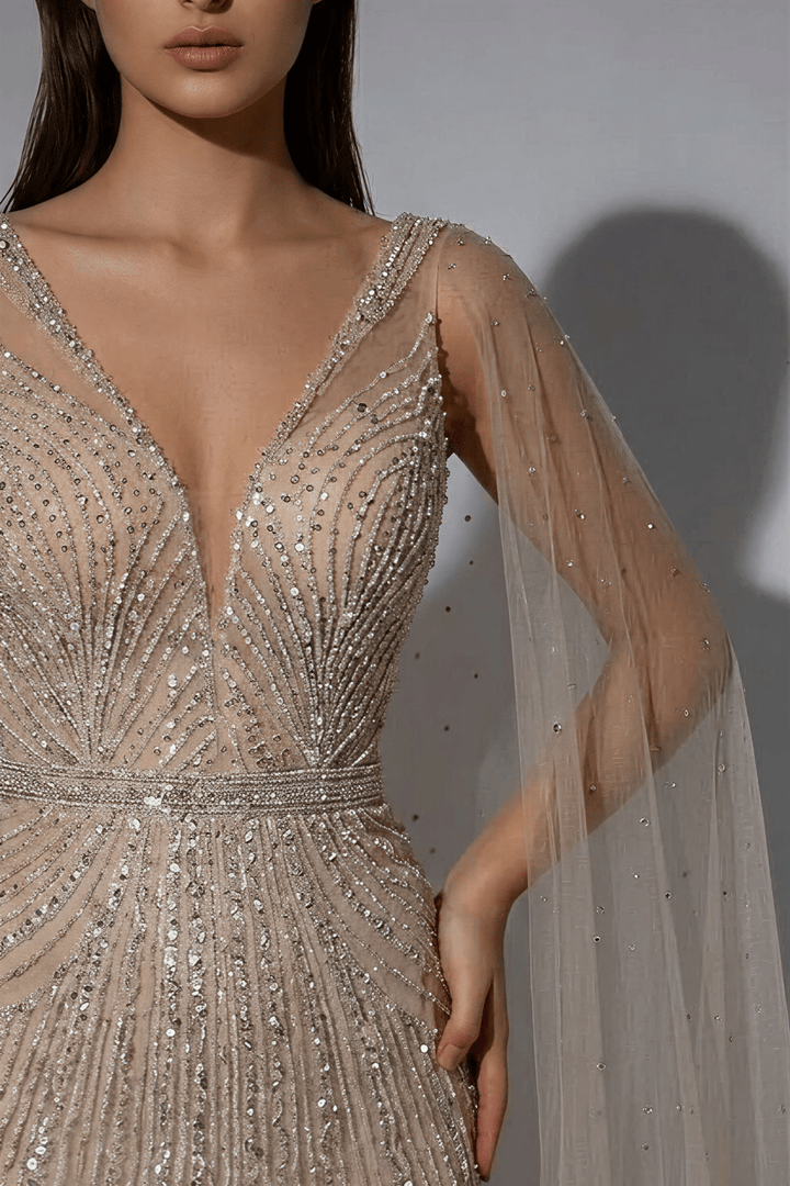 Champagne Designer Sequin Gown with Beaded Cape – Champagne Dress for Wedding Guest or Formal Gala Plus Size - WonderlandByLilian