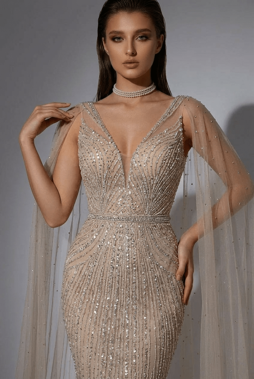 Champagne Designer Sequin Gown with Beaded Cape – Champagne Dress for Wedding Guest or Formal Gala Plus Size - WonderlandByLilian