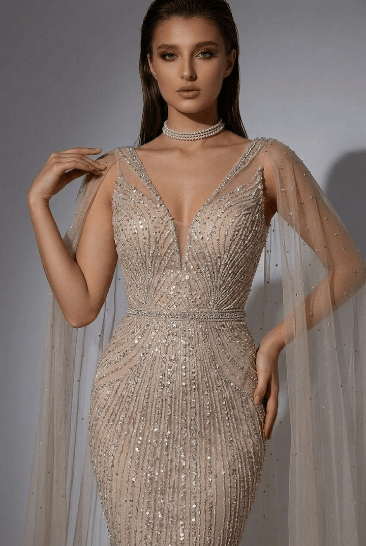 Champagne Designer Sequin Gown with Beaded Cape – Champagne Dress for Wedding Guest or Formal Gala Plus Size - WonderlandByLilian