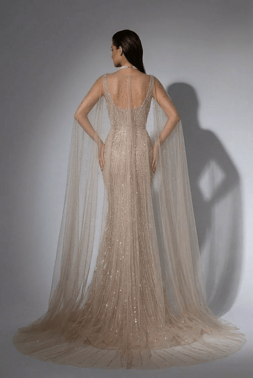 Champagne Designer Sequin Gown with Beaded Cape – Champagne Dress for Wedding Guest or Formal Gala Plus Size Size 18W / Champagne / No Choker