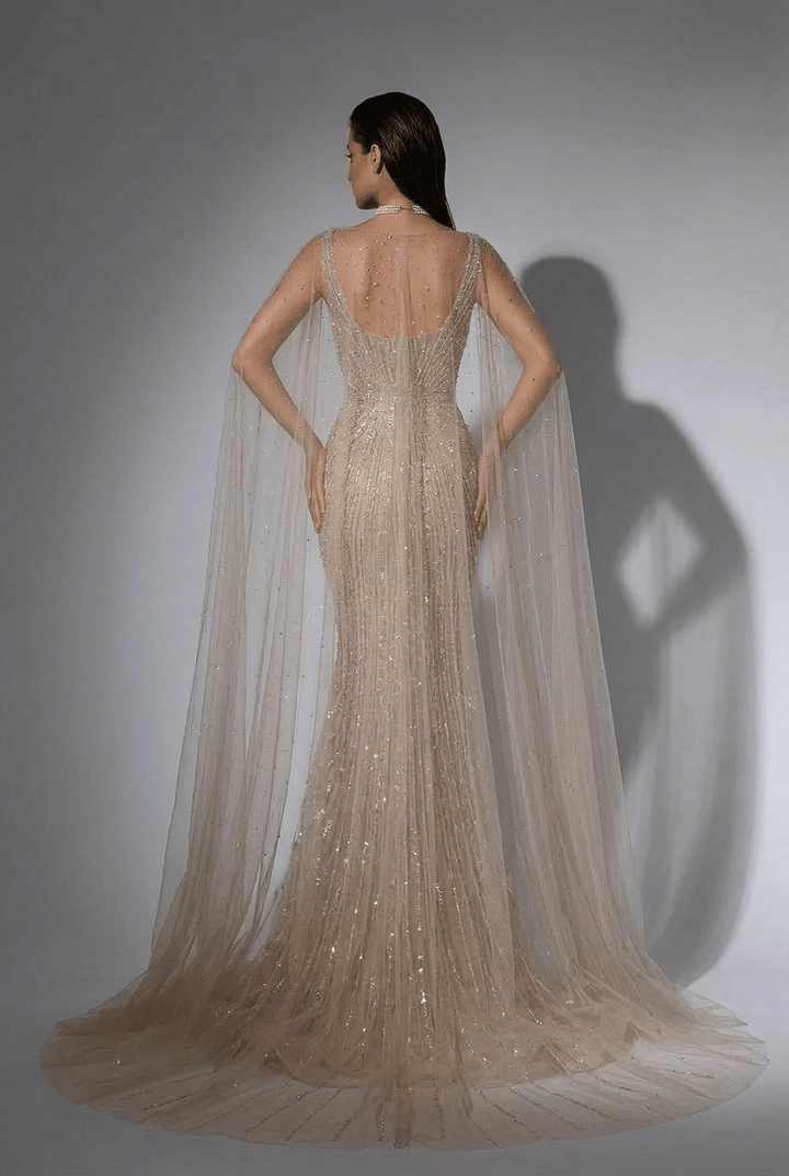 Champagne Designer Sequin Gown with Beaded Cape – Champagne Dress for Wedding Guest or Formal Gala Plus Size - WonderlandByLilian